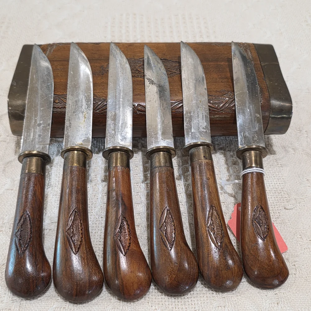Vintage MCM Ornate Hand Carved Wood Brass INDIA 6 pc Knife Stainless Set Block